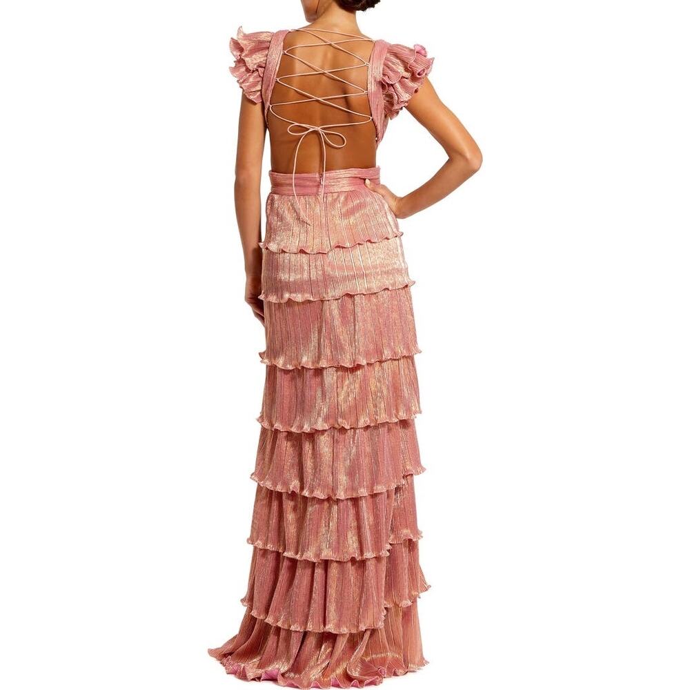 MAC DUGGAL Coral Pink Gold Ruffle Tiered Criss Cross Lace Up Back Gown Dress 2 - Picture 3 of 16